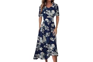 FONMA Summer Spring Dress for Women Casual Fashion Short Sleeve Dress Floral Printed Slim Fit Midi Dress