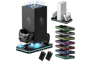 HUIJUKEJI Vertical Cooling and Charging Stand Compatible with Xbox Series X/S Console＆Controller,7 Color Lights,Vertical Dual Controller Charger Station Dock Accessories with 2 Rechargeable Battery Packs