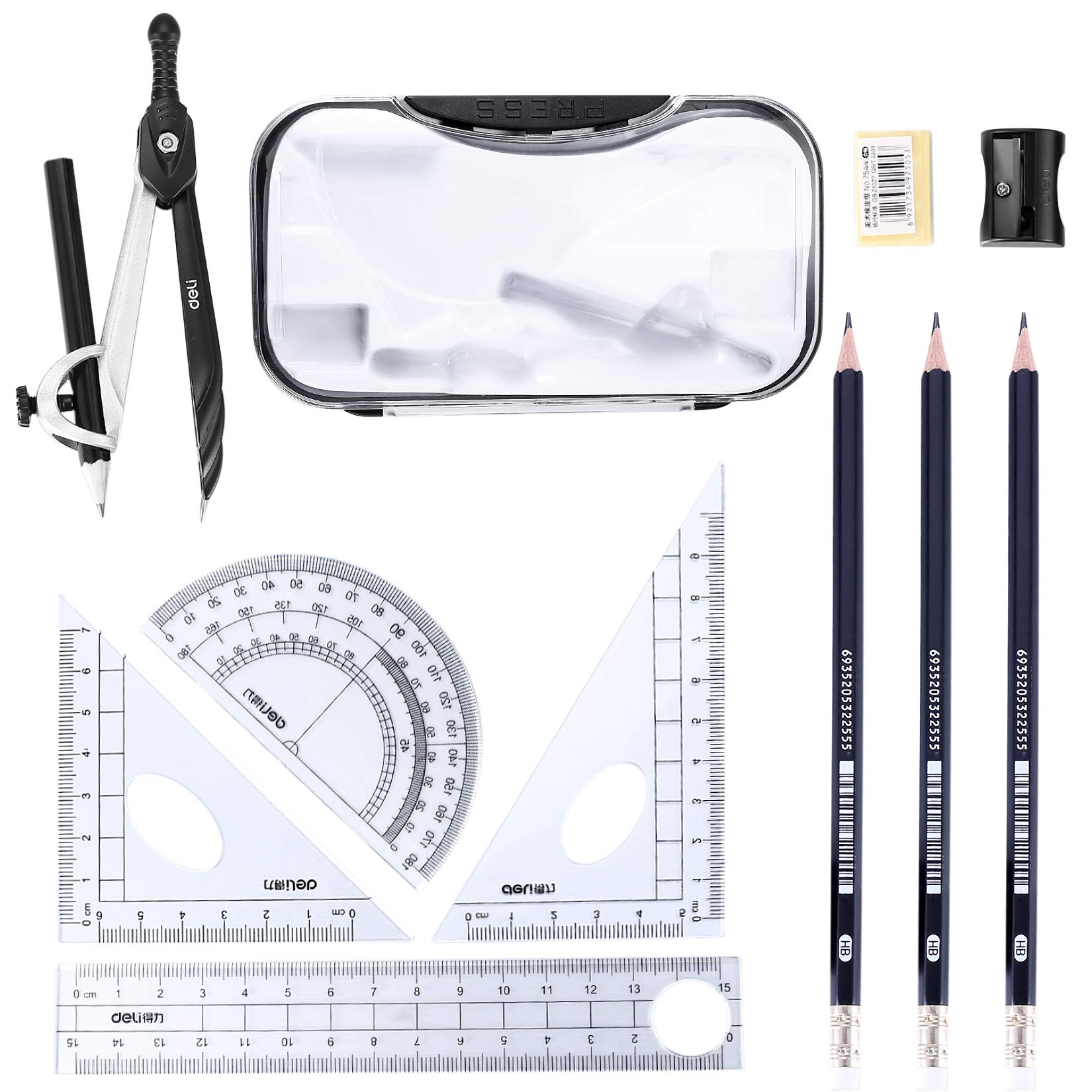 10PCS Maths Set, Geometry Compass Set, School Student Stationery Including Compasses Protractor Ruler Set Square Eraser Pencil Sharpener Replacement Pencil