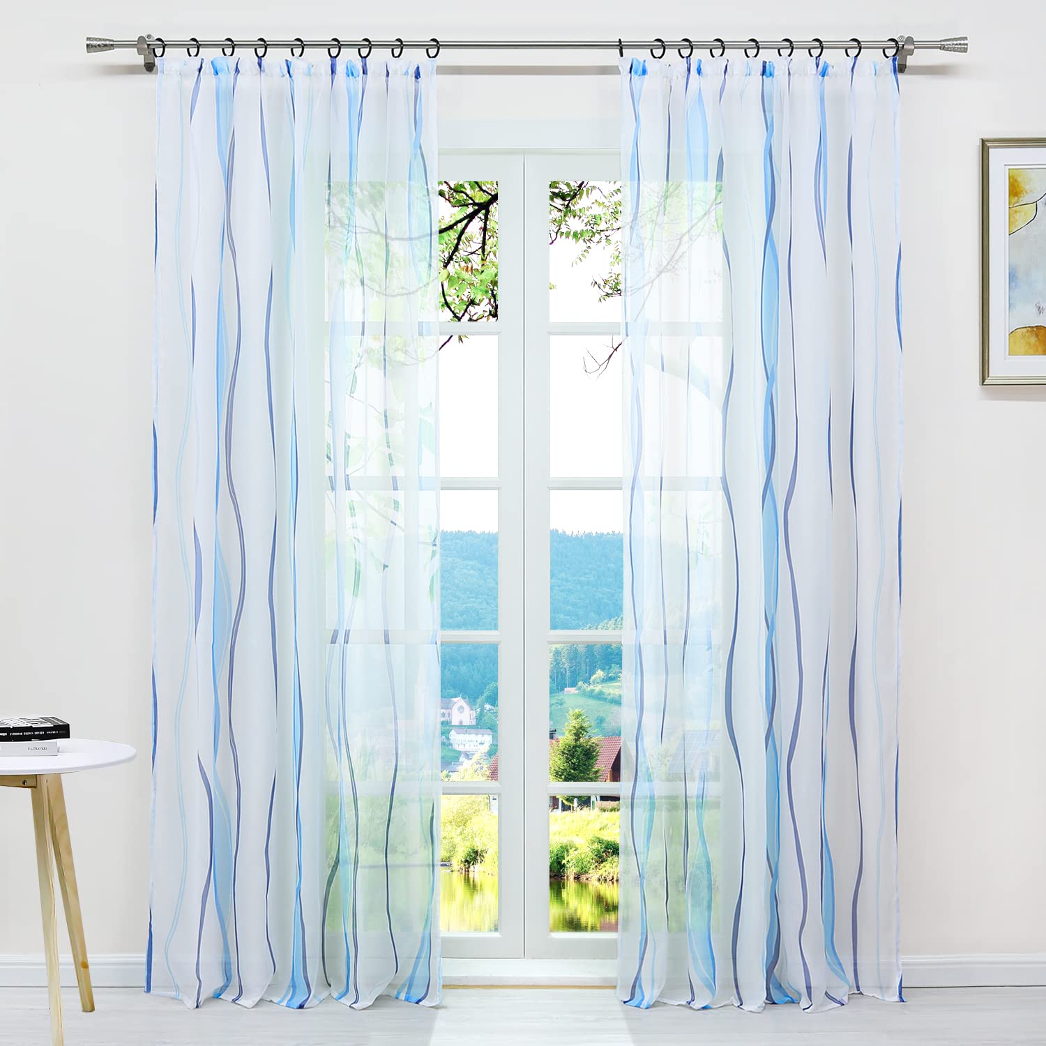 ESLIR Curtains with Ruffle Tape Transparent Tab-Top Curtain Waves Pattern Voile Blue W x H 140 x 225 cm Pack of 1 — image 1