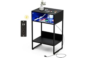 Innerjoin Side Table with Charging Station USB A&C Ports, LED Nightstand with Storage Compartment, Bed Side End Table with Color Charging Light Strip, Black