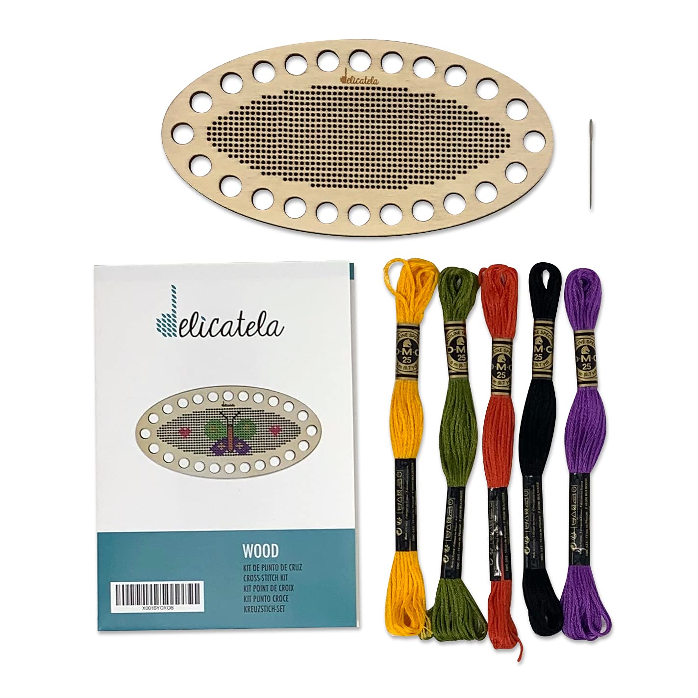 Cross Stitch Thread Organizer | Wood Embroidery Kit | Includes 5 skeins of 100% Cotton Mouliné Thread in Assorted Colours | 6 Erasing Schemes | Needle | By DELICATELA