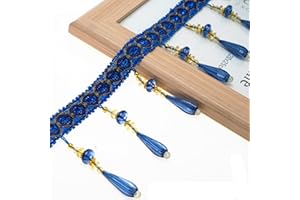 Yalulu 4 Yards Braid Hanging Beads Pendant Tassel Trim Hanging Ball Fringe Fabric Ribbon Trimming DIY Craft Sewing Accessory for Home Curtain Decoration (Gem Blue)