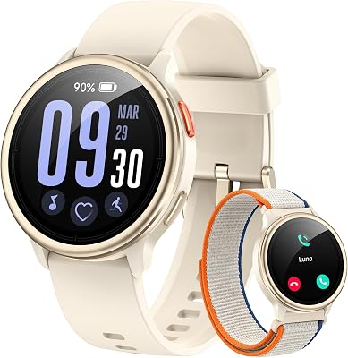 Relógio inteligente feminino, smartwatch redondo de 1,27" para iPhone/Samsung/Android, 2 alças e 120+ modos desportivos, monitor de sono com funções de saúde e fitness 3ATM à prova de água, cáqui