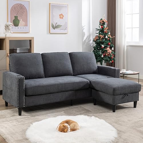 Siiejia Convertible Sectional Couches for Living Room, L-Shaped Couch  Seats Sofas with Storage Chaise Cup Holders, Small Sofa for Apartment, 
