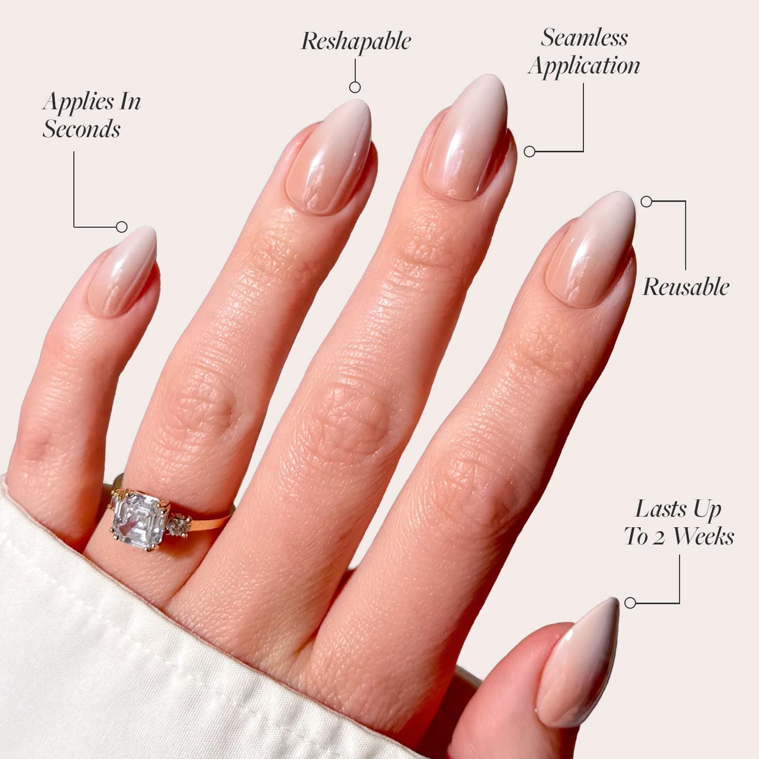 Glamnetic Press On Nails - Fiancéd | Short Almond Fake Nails with a Nude Ombré for Weddings, Glossy Glazed Finish, Reusable | 15 Sizes - 30 Nail Kit with Glue - Image 3