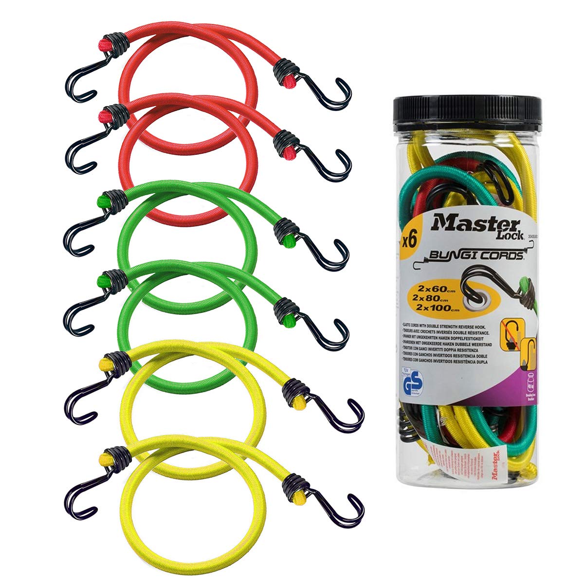 MASTER LOCK Bungees with Hooks [Set of 6 Bungee Cords] [2 * 60 cm + 2 * 80 cm + 2 * 100 cm] [Double Reverse Hook] 3040EURDAT - Ideal for Transporting, Packing and Securing Loads