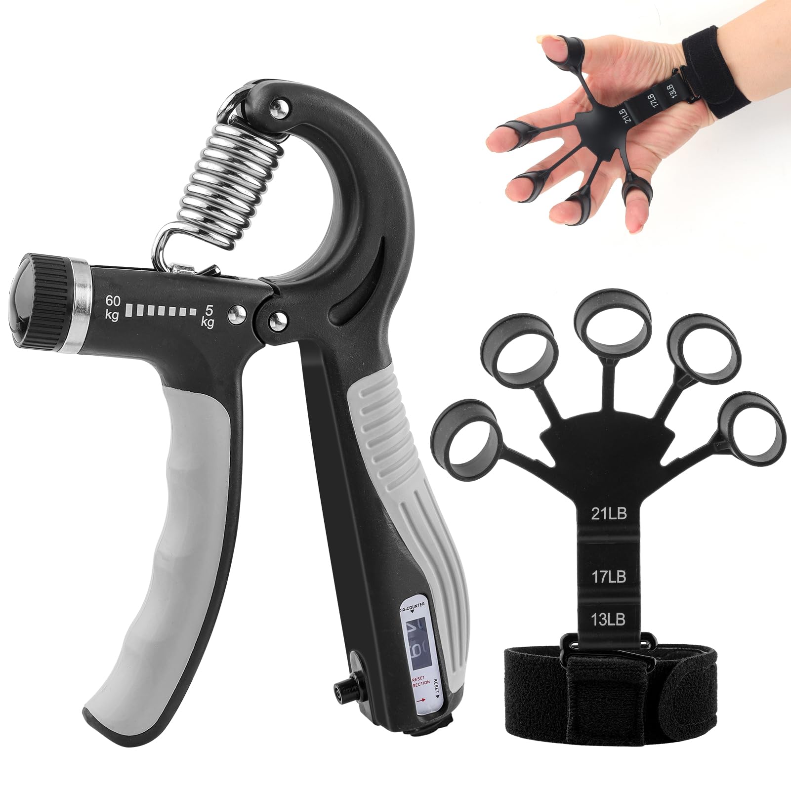 Grip Strengthener -Adjustable Hand Exerciser and Finger Stretcher - Hand Grips Strengthener Trainer for Muscle Building, HandTherapy and Recovery - Relieve Pain for Arthritis (Black gray)