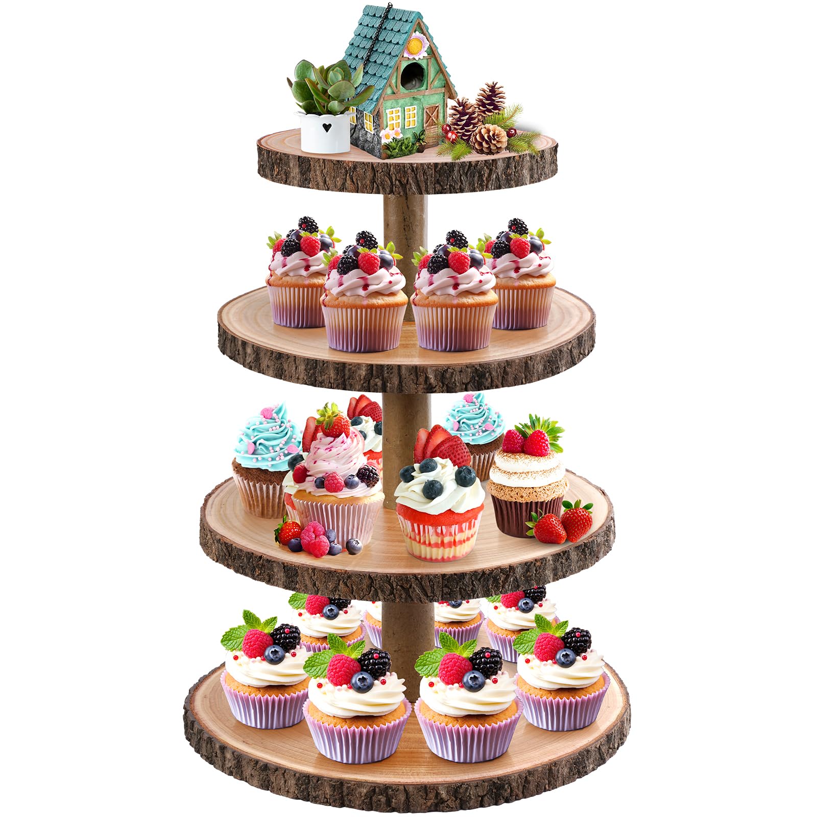 Photo 1 of GrnVibe Cupcake Stand Wood Dessert Stands 4 Tier Cupcake Tower Large Cupcake Display Stand Rustic Cupcake Tier Stand for Woodland Baby Shower Decorations/Wedding/Birthday/Party/Farmhouse Decor