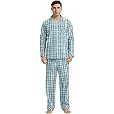 Vulcanodon Mens Cotton Pajama Set, Button Down Woven Pajama Set for Men Plaid Men's Sleepwear