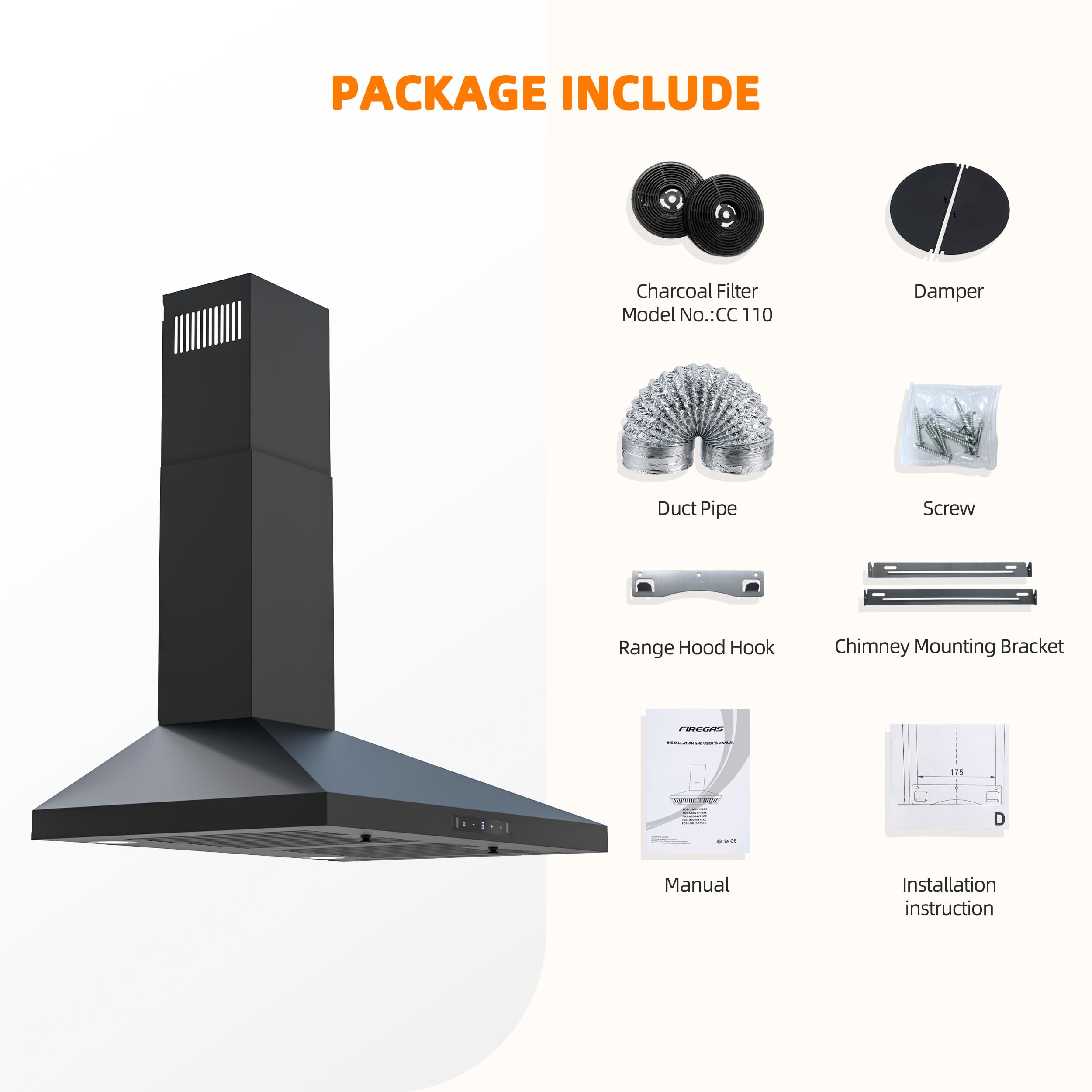 FIREGAS Black Range Hood 30 inch, 450 CFM Wall Mount Range Hood with Ducted/Ductless Convertible, Gesture Sensing Control & Touch Control Kitchen Hood Vent, Baffle Filters, Charcoal Filters