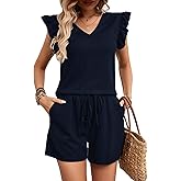 Women’s Lounge Sets Cute V Neck Ruffle Sleeve Shirts Two Piece Shorts Outfits Set with Pockets M687