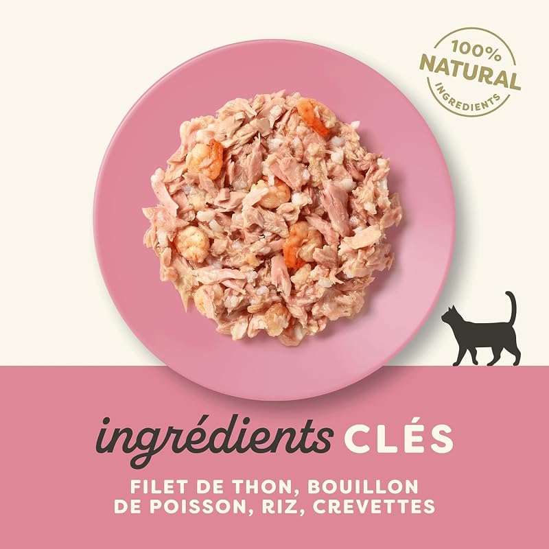 Comida húmeda Natural para Gatos en tarros, Filete de atún con gambas en Caldo, 10 x 60 g