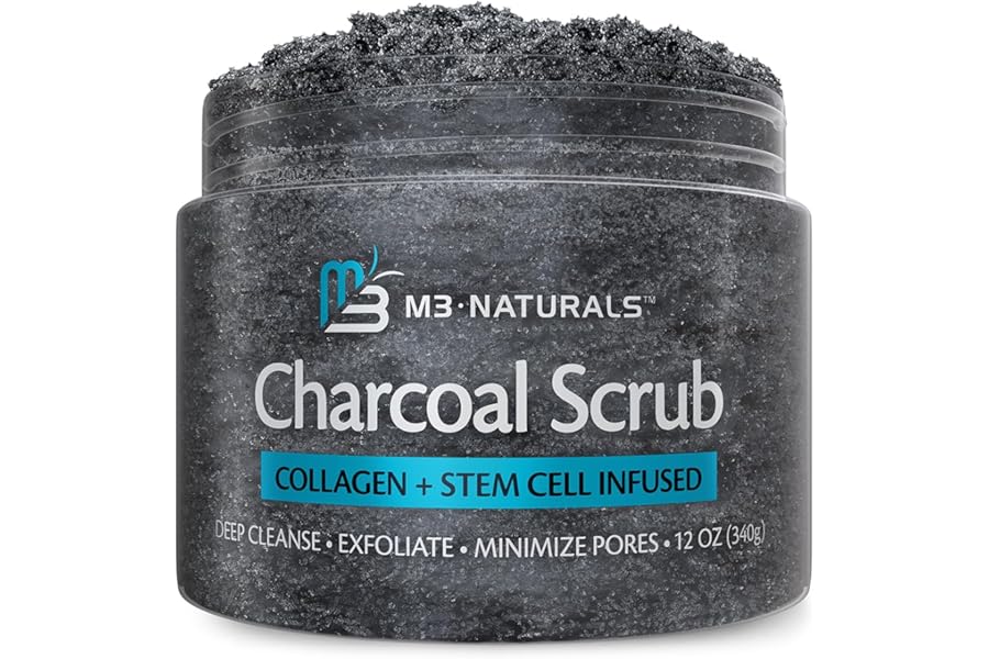 Exfoliating Charcoal Scrub with Collagen & Stem Cells – Salt Scrub for Body Toning, Cellulite, Armpit Detox, and Skin Smoothing for Face, Feet, and Body by M3 Naturals.