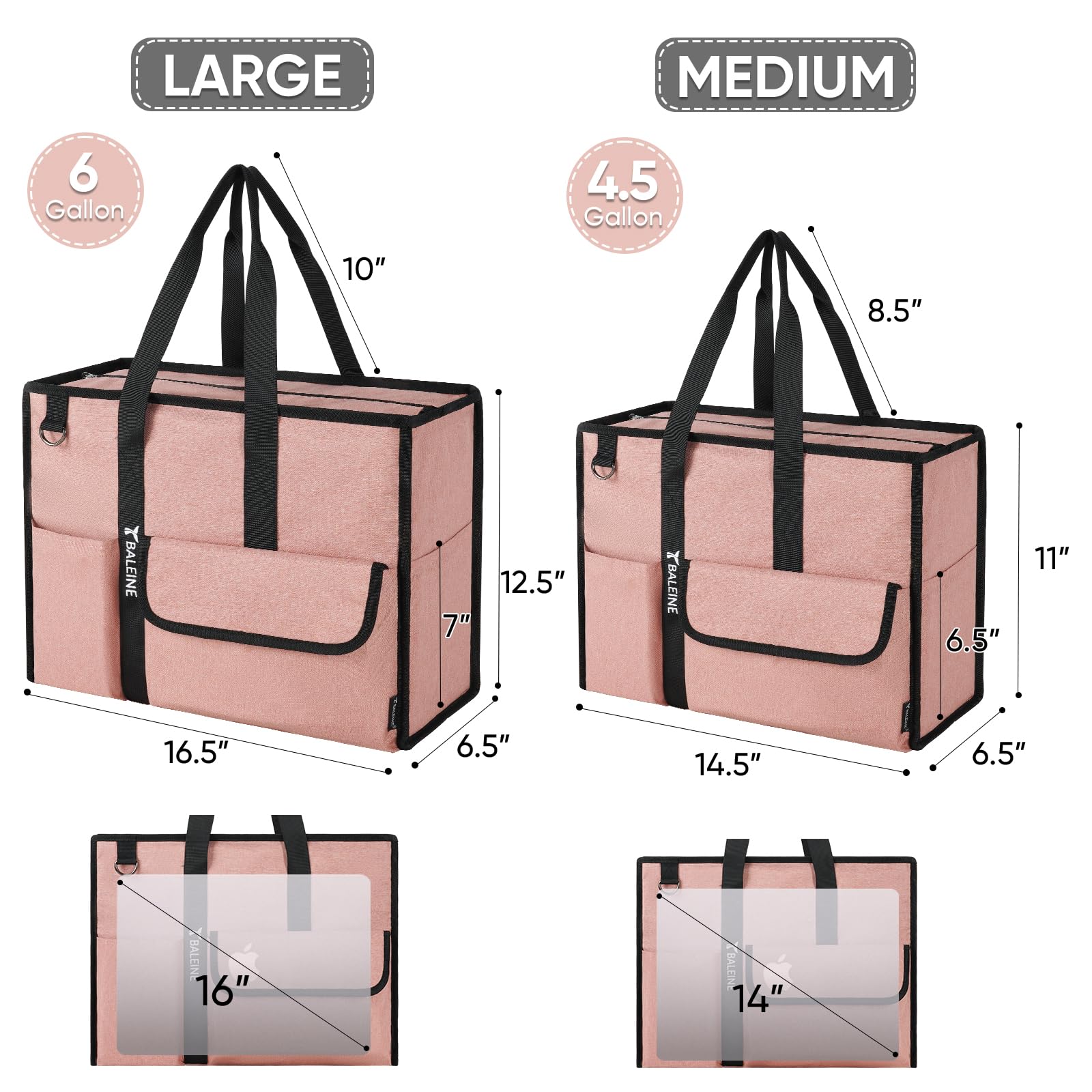 BALEINE Large Utility Tote Bag with Reinforced Bottom, Multi Pockets Foldable Tote Bag for Nurse, Travel, Work