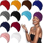 12 Pack Braid Turban Cap for Women Ethnic Bohemia Twisted Hair Cover Wrap Hat African Pre Tied Bonnet Cancer Braid Turban Hat Beanies Headwear