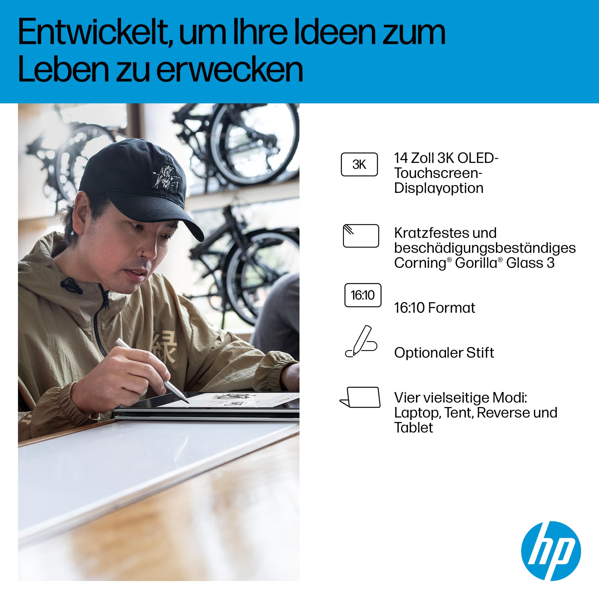 HP OmniBook X Flip 2in1 Next Gen AI Laptop | AMD Ryzen AI 7 350 (8C) | dedizierte NPU für KI | 50 NPU Tops | Copilot+ PC | 14" WUXGA 1920x1200 Touchscreen | 16GB | 512GB SSD | Win11 | QWERTZ | Silber 3