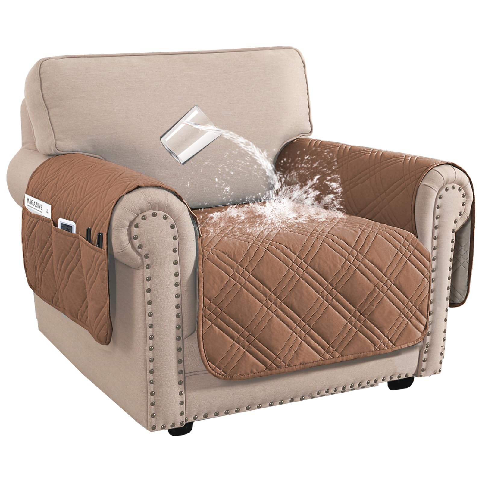 BellaHills Waterproof Sofa Cover 1 Seater Living Room Armchair Covers Sofa Slipcovers Chair Seat Covers with Side Pocket for 1 Seater Sofa Washable Couch Cover for Dogs (1 Seater, Terracotta)