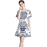 LAI MENG FIVE CATS Women's Casual Floral Print Short Sleeve Round Neck A-line Mini Dress