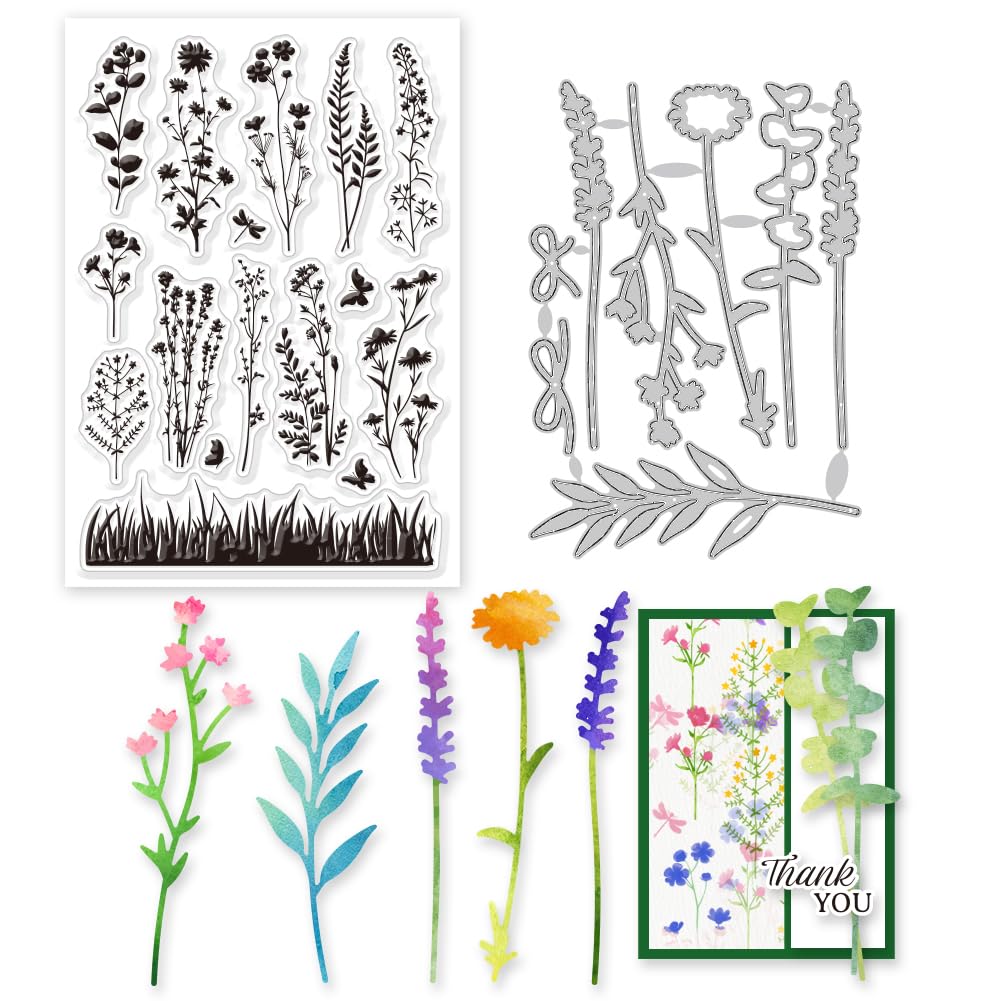 GLOBLELAND 2Pcs Wildflower Meadow Silhouette Clear Stamps and Cutting Dies Silicone Clear Stamps Cards and Metal Die Cuts for Card Making and DIY Embossing Scrapbooking