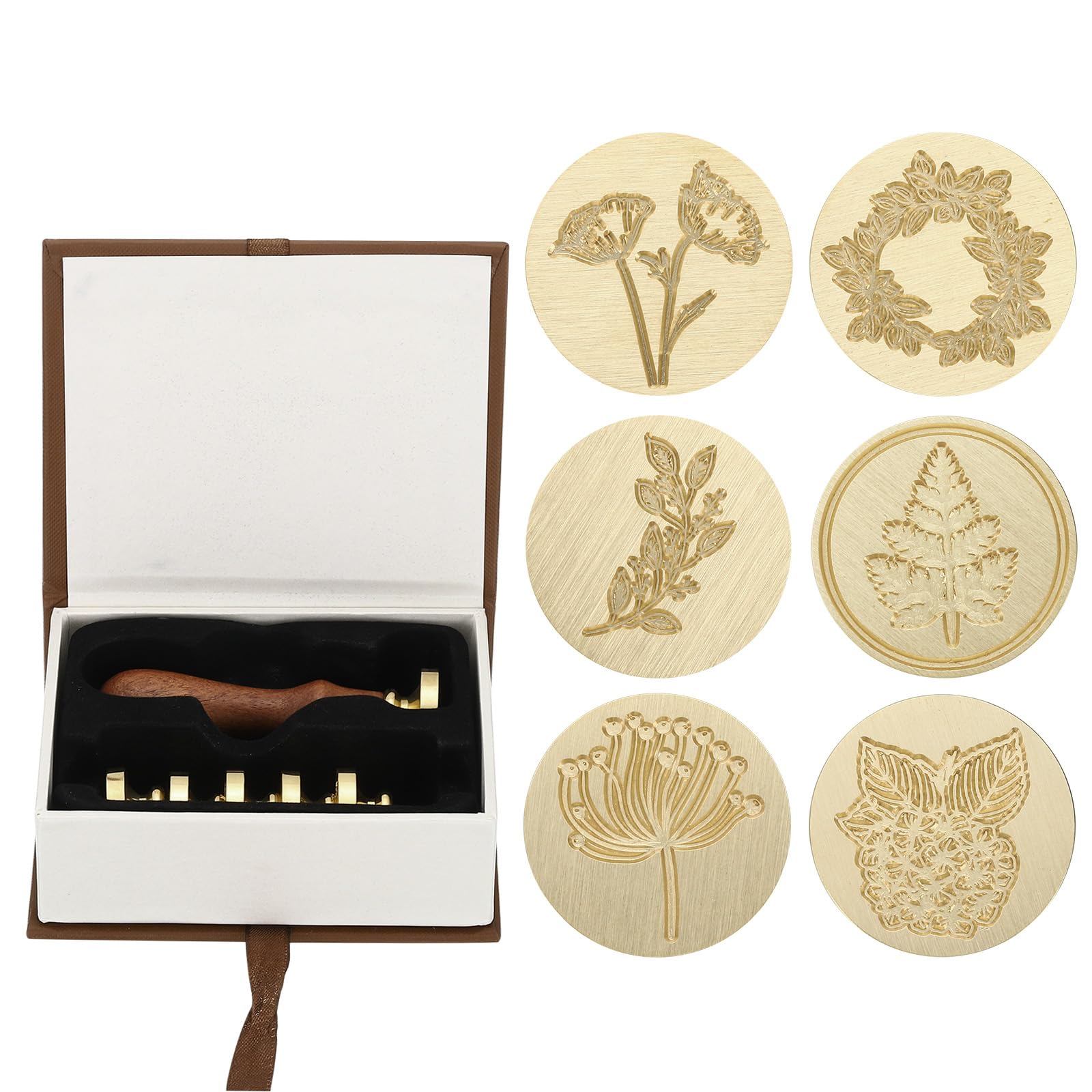 PATIKIL Plant Wax Seal Stamp Kit, Flower Wax Stamp with Wooden Handle, Gift Box Leaves Branch Brass Head Vintage Decoration, Style 2