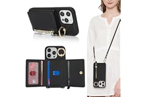 SunYoo for iPhone 13 Pro Case with Card Holder,for iPhone 13 Pro Wallet Case for Women with Strap Crossbody Lanyard Stand Ring,PU Leather Zipper Pocket Phone Cover-Black
