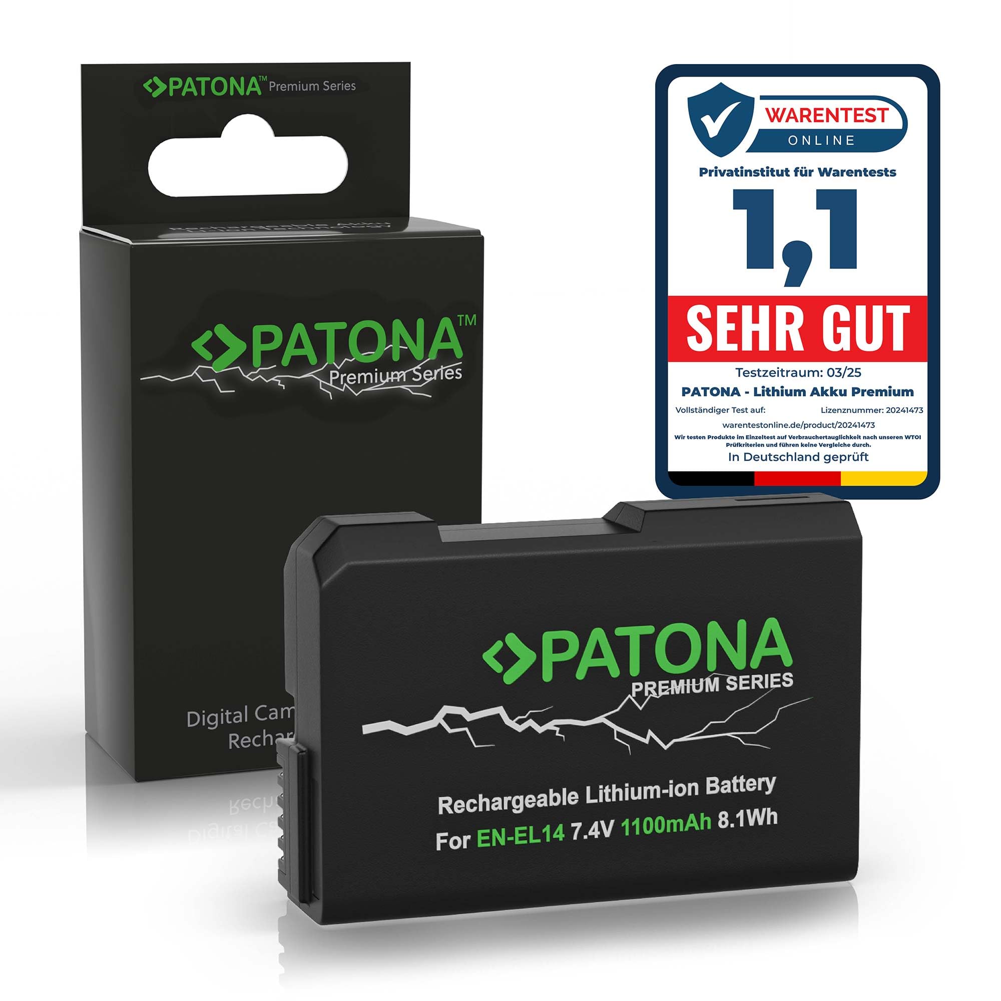 For Nikon D3100, D3200, D3300, D3400, D5100, D5200, D5300, D5500, D5600, coolpix P7800, P7700, patona premium rechargeable battery for Nikon EN-EL14, EN-EL14a intelligent battery system (authentic 1100 mAh). -