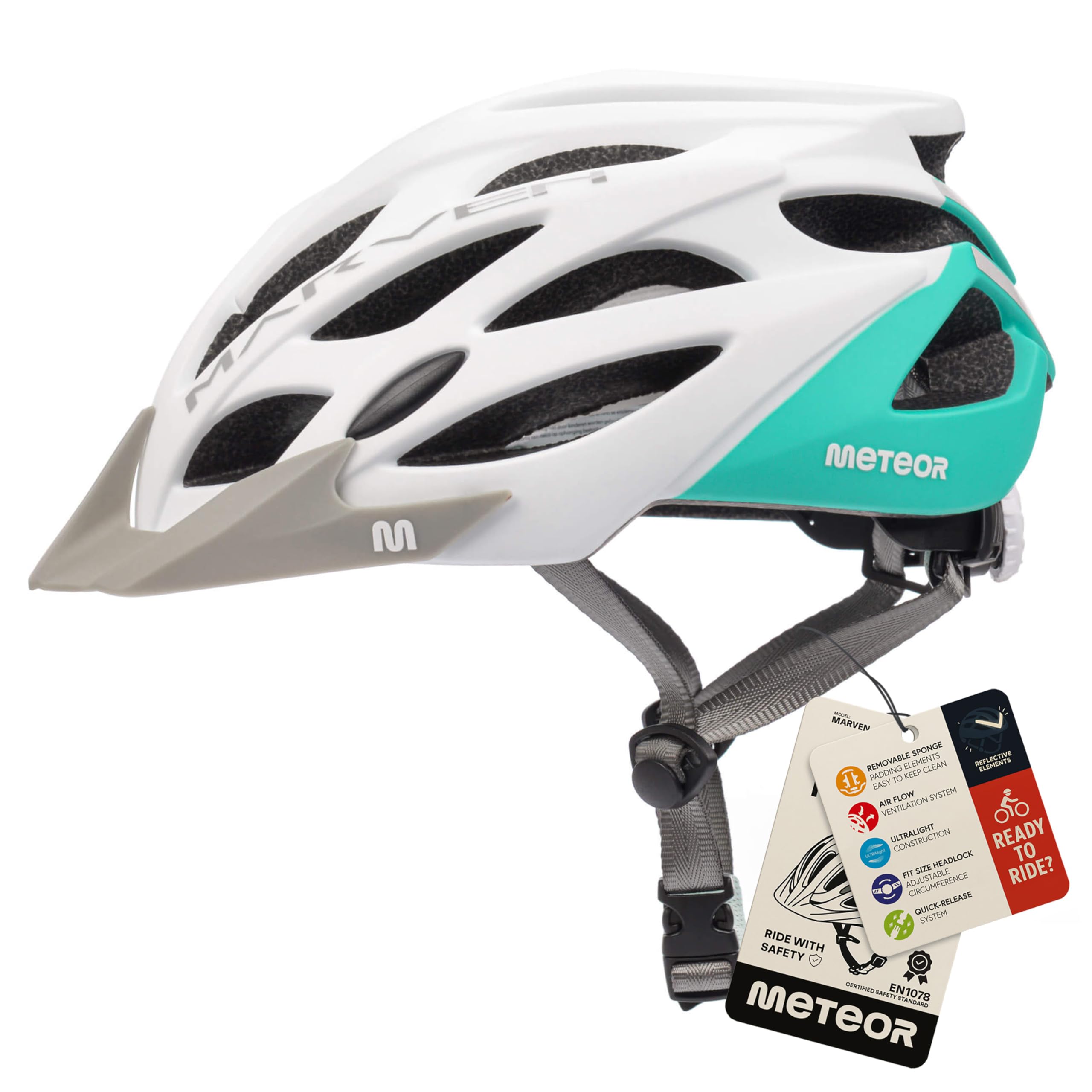 Meteor - MARVEN Cycle Helmet – Lightweight Adjustable Helmet for Men, Women, Kids – MTB, Bike, Scooter, Skateboard & Hoverboard – Breathable with Detachable Visor - Size S - White/Minth