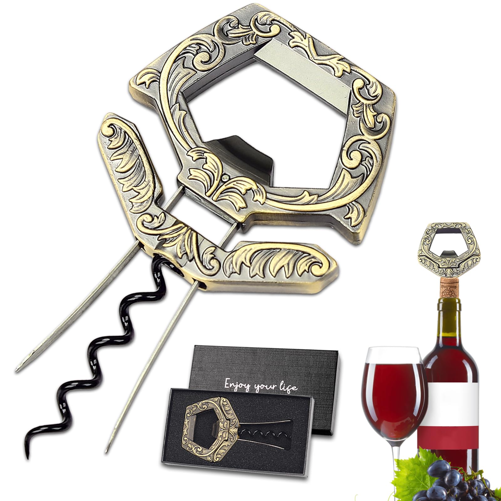 Ah So Wine Opener for Vintage Bottles, 3 in 1 Old Bottle Opener, Two Prong Cork Remover with Beer Bottle Opener, for Connoisseurs & Collectors to Uncork (Bronze)