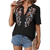 Mexican Shirts for Women Embroidered Tops Traditional Summer Blouse Floral Tunic V Neck Short Sleeve T Shirt