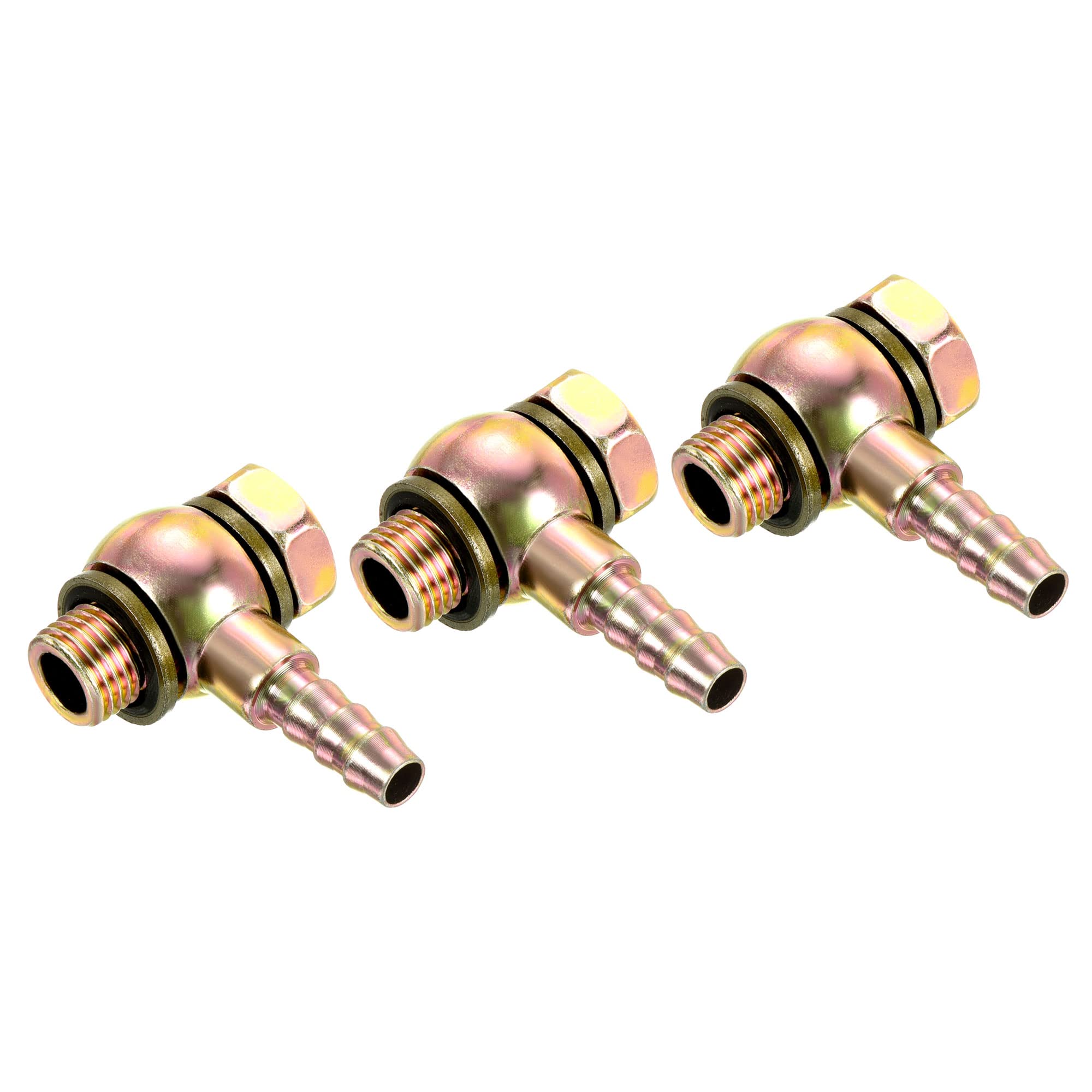 PATIKIL Hose Barb Fitting Elbow 8mm Barbed M12x1.25 Male Thread, 3 Pack Carbon Steel Pipe Adapters Connectors for Air Water Fuel Oil, Gold