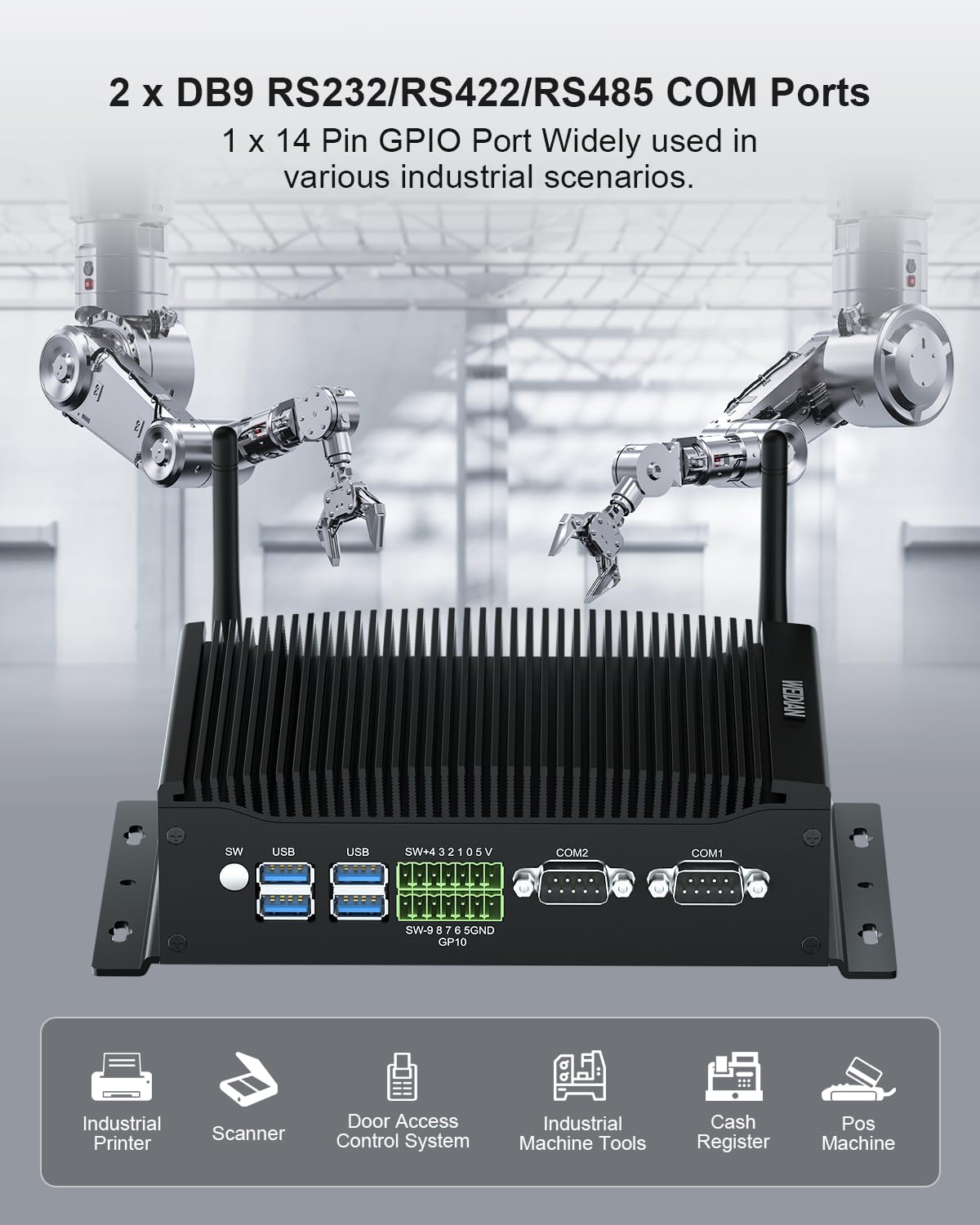 WEIDIAN Lüfterloser Mini PC, Industrie PC Core i7-10510U, Industrial Fanless Computer, 2HD+DP Triple Display, 2RS232 COM, 2RJ45 LAN, 6USB, GPIO, WiFi, BT, Win11/Linux/Ubuntu(16GB RAM 512GB SSD) 5