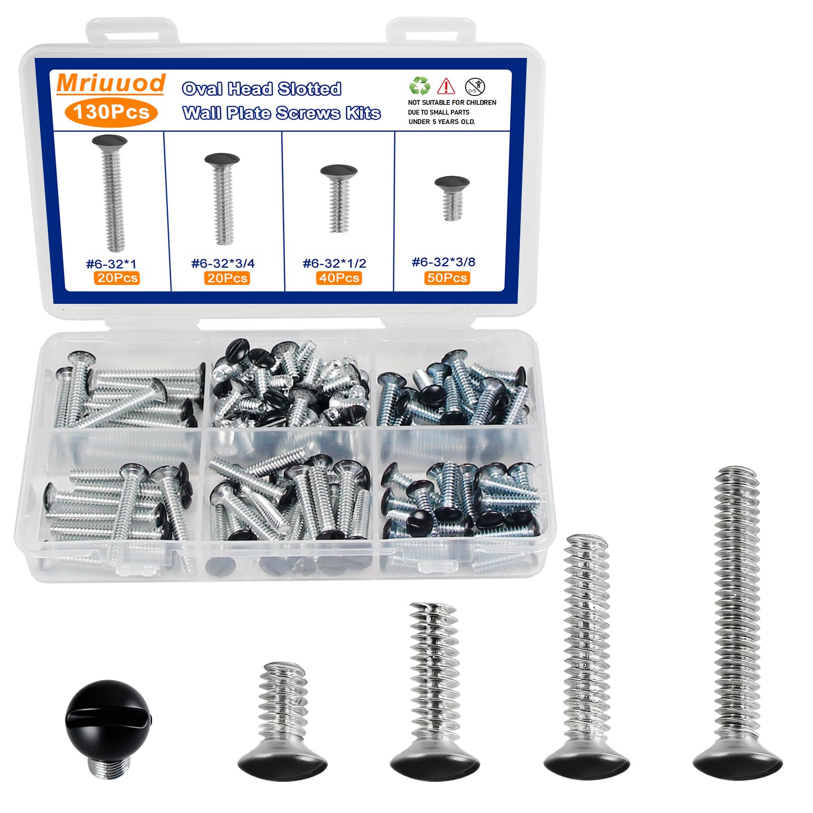 Photo 1 of 130Pcs Wall Plate Screws Kit, #6-32 Outlet Cover Screws,Switch Plate Fasteners,Electrical Panel Screws,4 Length 3/8", 1/2", 3/4", 1" Long Outlet Screws for Light Switch Plate (Black)