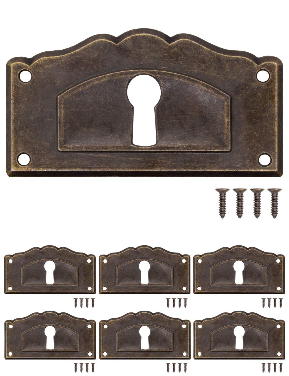 Fuxxer Key Plates, Set of 6 - Antique, Vintage Brass, Lock Rosettes, Lock Fittings, Key Hole Cover, Art Nouveau Style, 63 x 34 mm