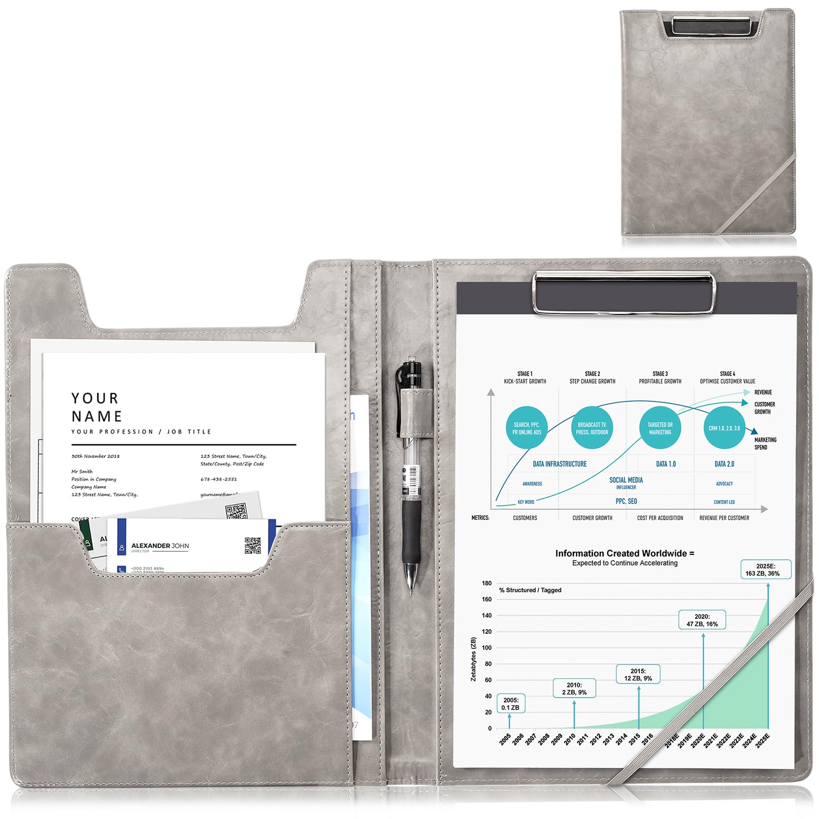 ProCase Clipboard Folder Portfolio, Leather Business Padfolio Organizer Letter Size Professional Folder Binder for Interview Meeting Resume Office Conference School -Grey