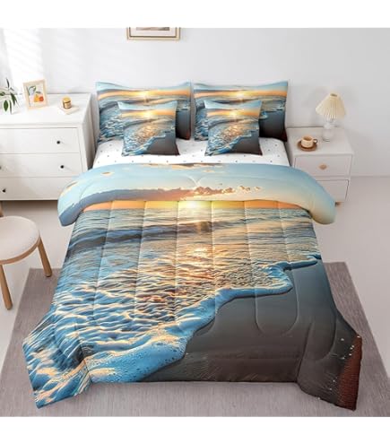 Erosebridal Blue Waves Comforter Set Twin Size - Ocean Theme Summer Bedding With Pillow Case - View #5