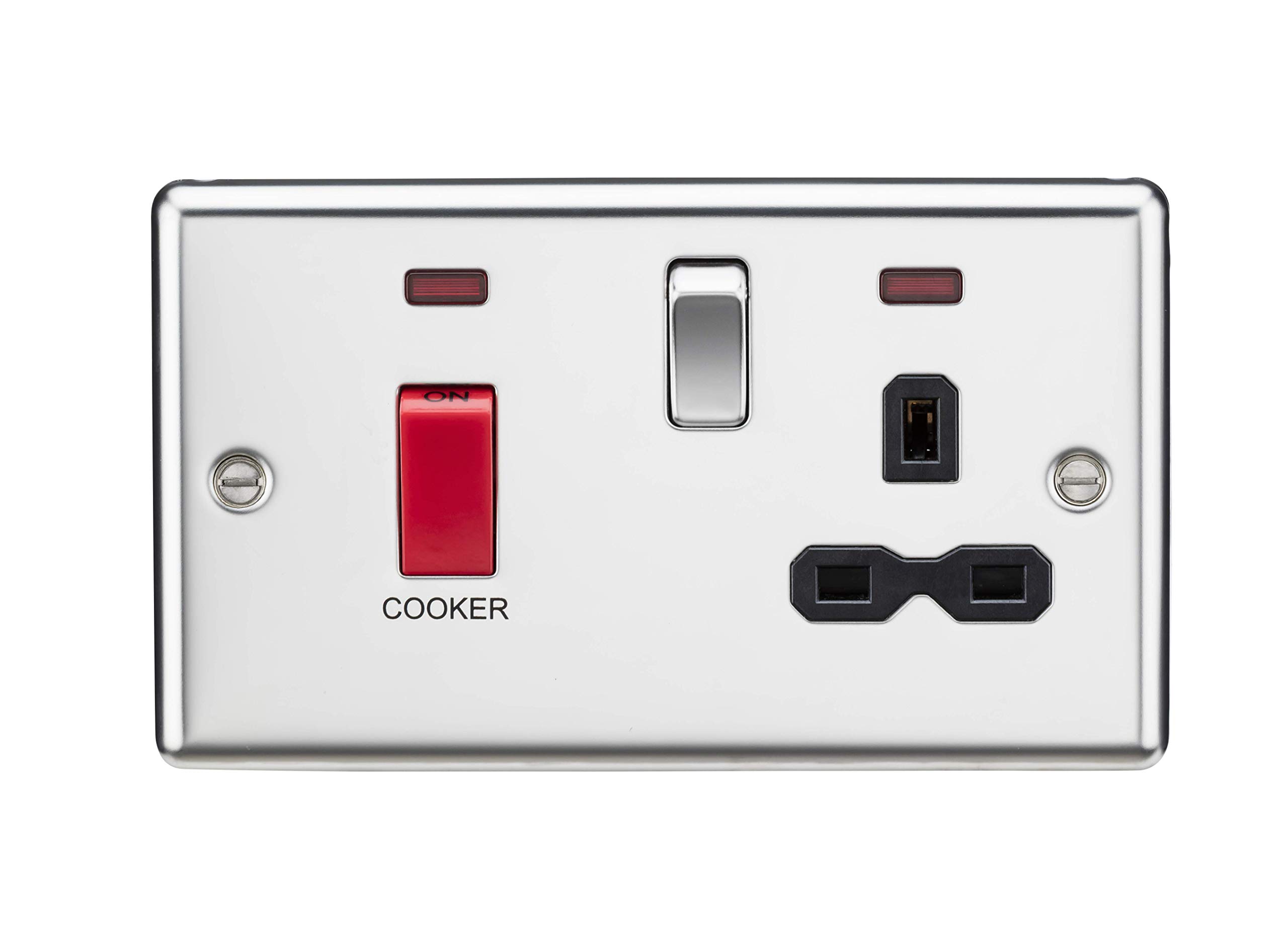 Knightsbridge CL83PC 45A DP Cooker Switch & 13A Switched Socket with Neons & Black Insert - Rounded Edge Polished Chrome — image 1
