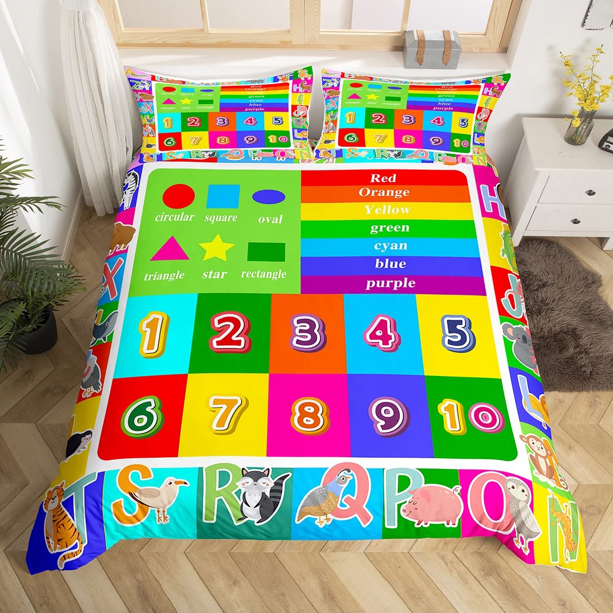 Loussiesd Kids Educational Duvet Cover Set Playtime Collection Abc, Numbers And Shapes Learning Bedding Set Kids Play Comforter Cover for Playroom Bedroom 1 Duvet Cover & 2 Pillowcases Double Size