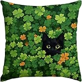 ARGOOFG St Patricks Day Throw Pillow Covers 18x18 Inch, Black Cat Shamrock Green Spring Cushion Case Decoration Farmhouse Holiday Outdoor Spring Lumbar Cushion Cases Decor for Sofa Couch Indoor