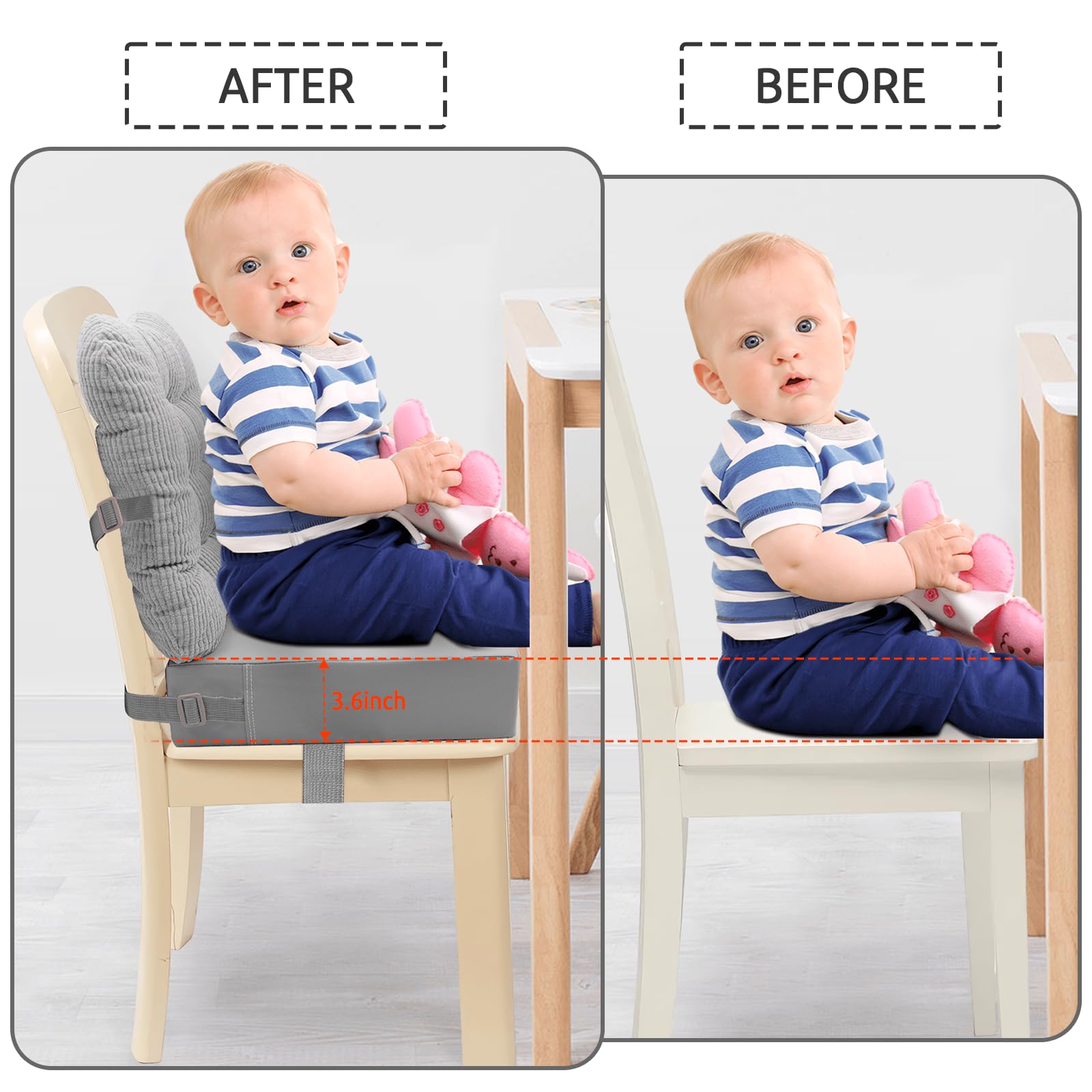 Booster Seat for Kitchen Chair with Backrest, Waterproof PU Cover, Non-Slip Bottom, 2 Safety Straps, Washable & Portable Dining Table Foam Booster Cushion Seat for Toddler, Stackable for Extra Height