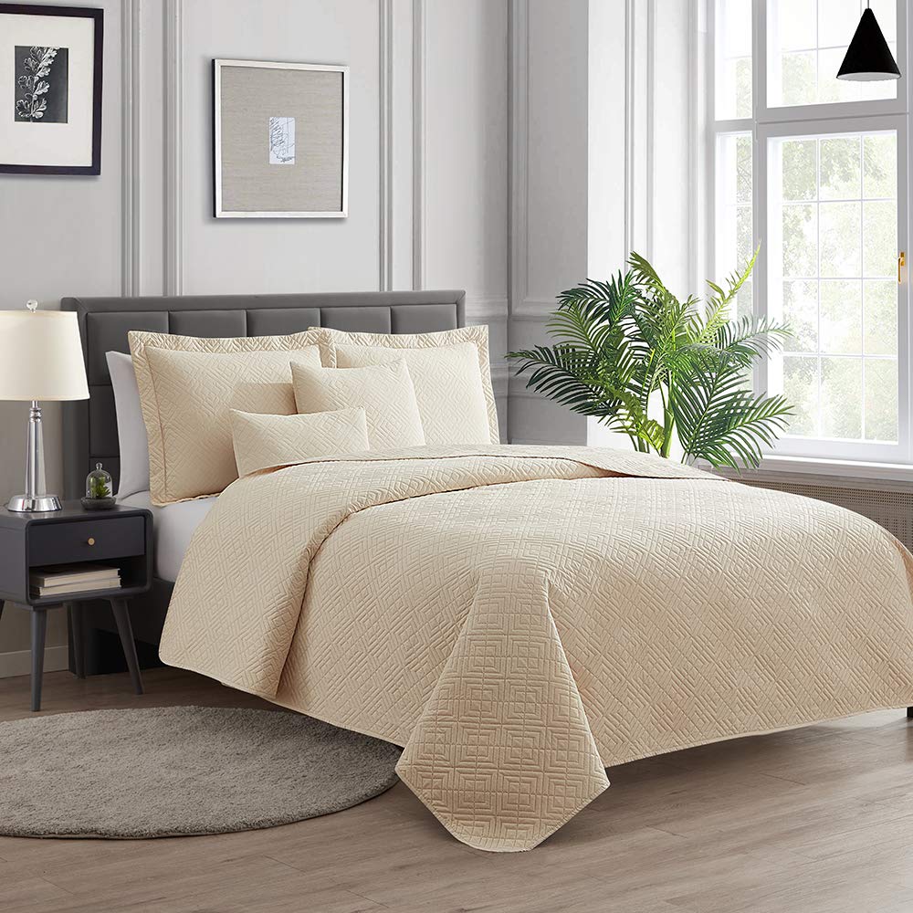 Photo 1 of Hearth & Harbor Quilts Queen Size - All Season Bedspread Coverlet Set, Pinsonic Weave Lightweight Bedding Set - 5 Piece Queen Quilt Set with Pillow Shams, Diamond - Cream