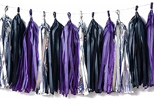 CC WONDERLAND ZONE Black,Purple and Silver Tassel Garland,Paper Tassel Banner,Table Decor,Purple,Black and Silver Tissue Tassels Party Decor Supplies for Party,DIY Kits - (15 PCS)