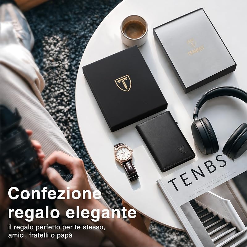 Portafoglio Uomo di Alta Qualità, esclusivo Portafoglio Uomo Slim con Portamonete & Protezione RFID, lussuoso Portacarte Uomo in Pelle, 8 Scomparti per Carte di Credito, Regalo per Uomini