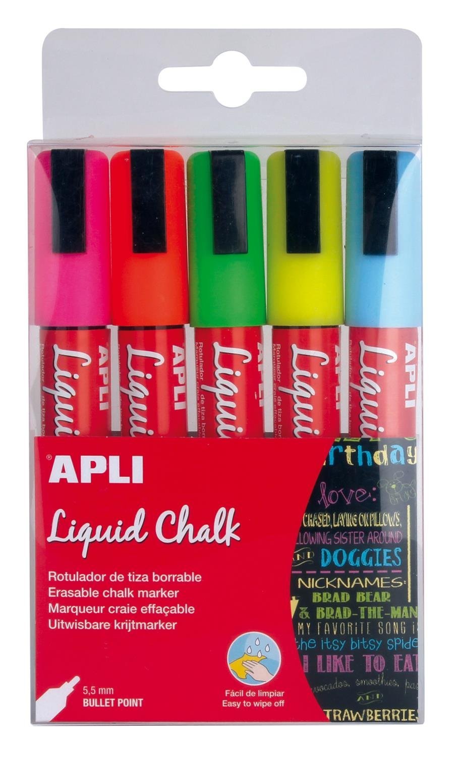 Apli Liquid Chalk Marker - Assorted Colours (Pack of 5)