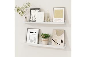 FUN MEMORIES Picture Ledge Shelf, Solid Pine Wood Floating Shelves Set of 2, 24 Inches Nursery Book Shelves for Toys Storage, Kids Bookshelf Wall Mounted for Living Room Bedroom Decor Books Photo Frames, White