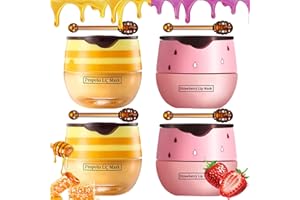 SULILY Bee Balm Lip Balm Honey Pot, 4 PCS Strawberry & Honey Lip Masks Hydrating Prevention Dry and Cracked Lip Scrubs Exfoliator，Lip Sleep Mask Reduces Lip Lines，Lip Exfoliating Bee Balm Sleeping Lip Mask