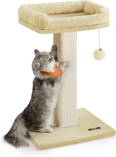 Feandrea Cat Scratching Post Tree with 40x30cm Plush Perch, 71cm Tall Beige