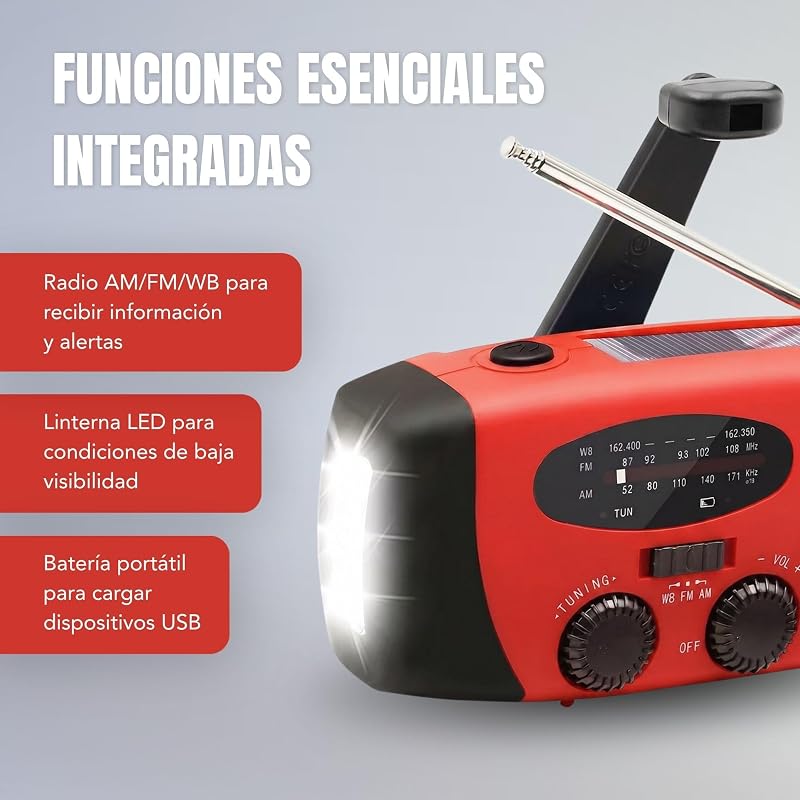 RÁDIO SOLAR DE EMERGÊNCIA com manivela e carregamento USB-C, rádio portátil AM/FM com bateria recarregável de 2000mAh, lanterna LED, power bank, ideal para campismo, sobrevivência, excursões, apagões e casa — foto 4 de 8