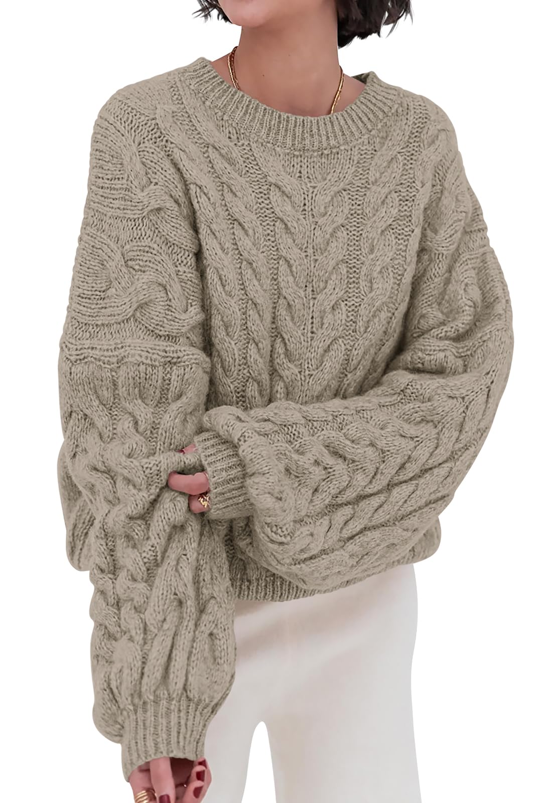 PRETTYGARDEN Womens Sweaters Spring 2026 Cable Knit Long Sleeve Crewneck Oversized Sweater Chunky Pullover Loose Outfits (Sage Green, XX-Large) Image