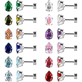 12 Pairs Surgical Stainless Steel Flat Back Screw Back Round Heart Star Square Teardrop Cubic Zirconia Birthstone Stud Earrings Set for Women